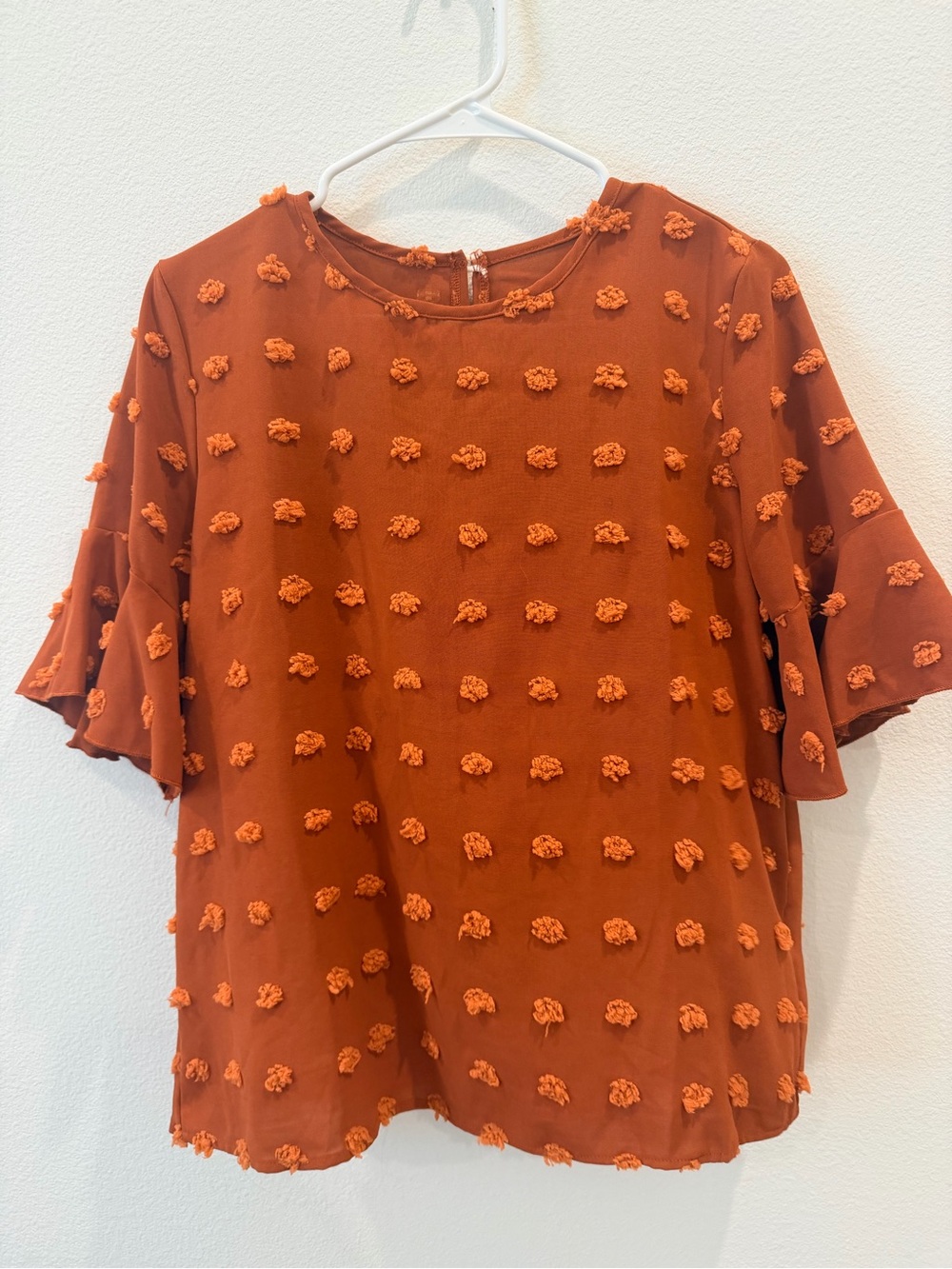 SHEIN Rust Textured Pom-Pom Short Sleeve Blouse